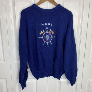 Crazy Shirts Hawaii Size L Sweater Pullover Blue Hawaiian Maui Compass Crew Neck